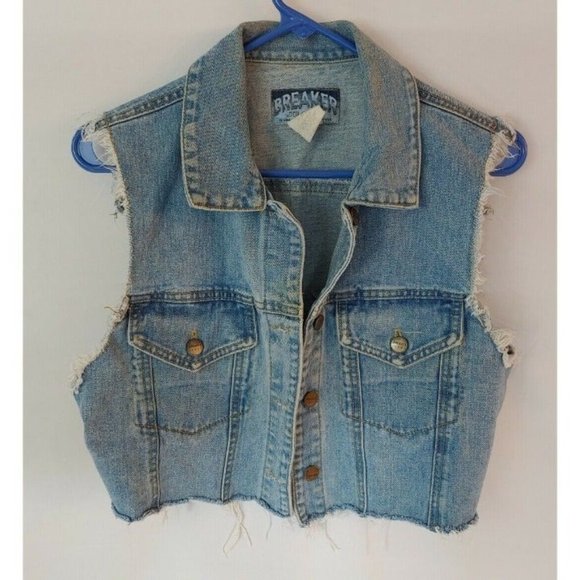 Vintage Breaker Jeans Denim Jacket Vest Button Front Size Large Cropped/Frayed - Picture 1 of 7